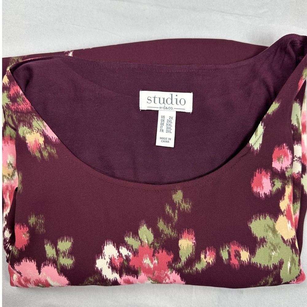 Women Tulip Back Top 2X Burgundy Pink Floral Print 3/4 Sleeve Tunic Dark Cottage - Picture 11 of 13